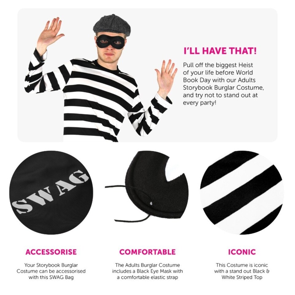 image 1 of Storybook Burglar Costume - Long Sleeve Top, Grey Hat, Mask & Swag Bag Black | S