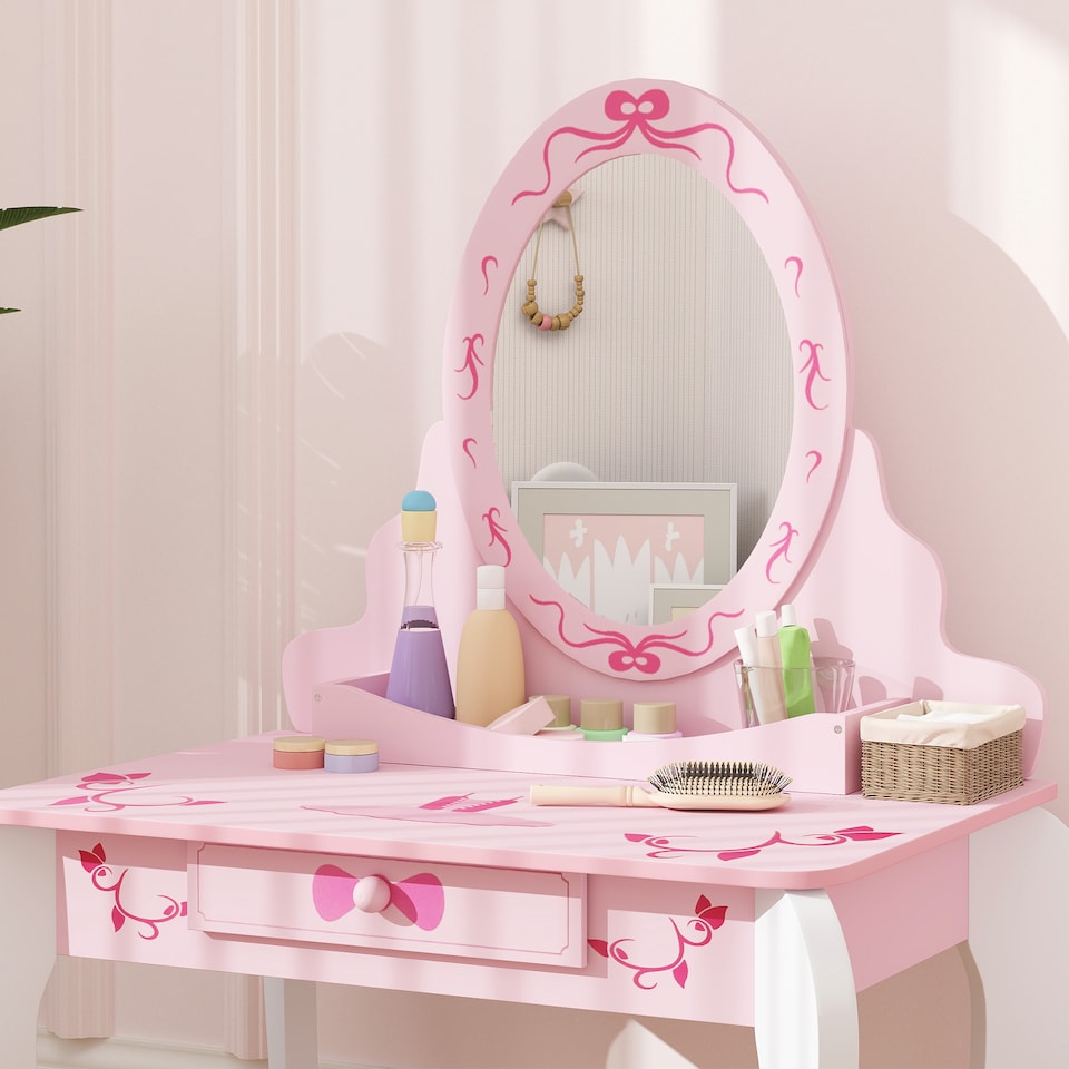 image 1 of AIYAPLAY Kids Dressing Table Set, Two-Piece Children Vanity Table with Stool | Pink