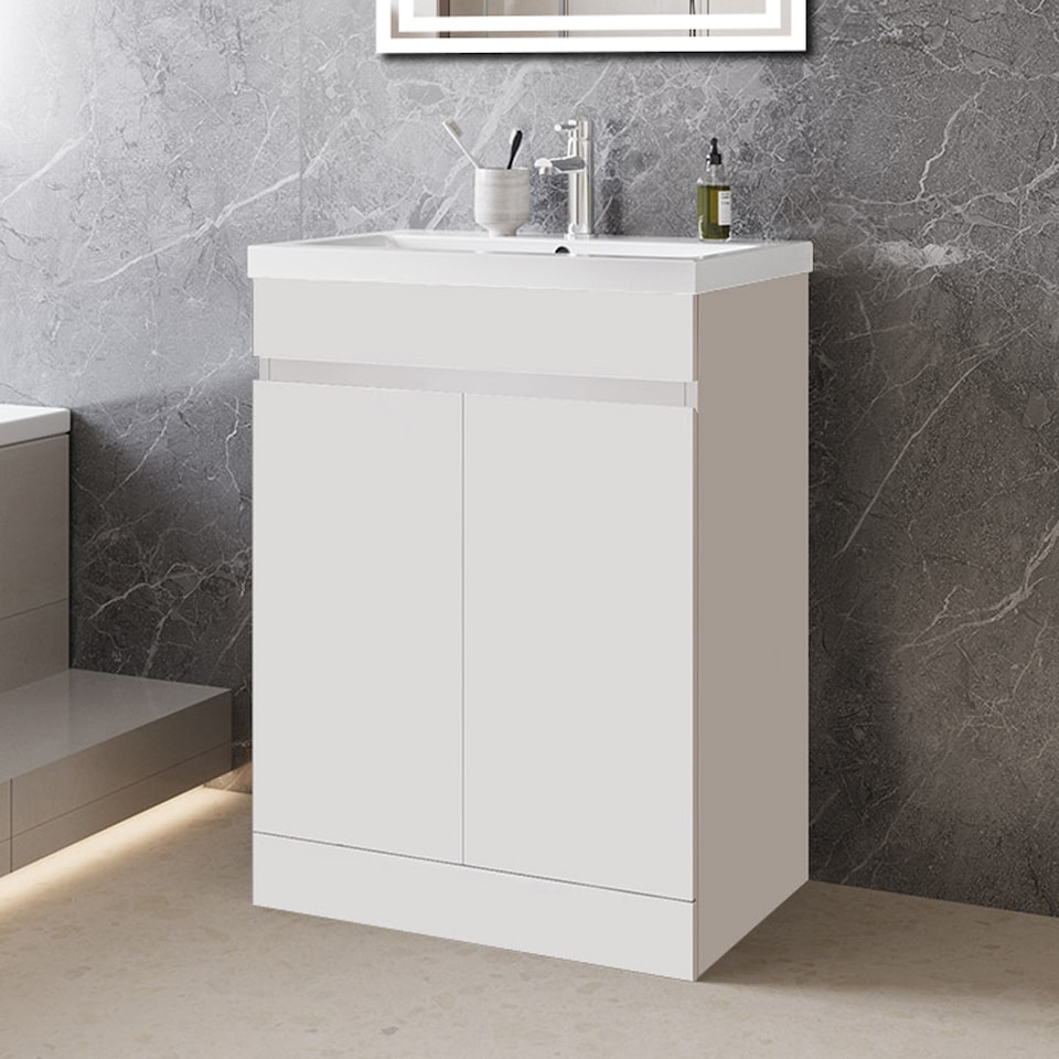 image 1 of AICA 600mm White Bathroom Vanity Unit With Basin Double Door Floor Standing Design Flat Packed