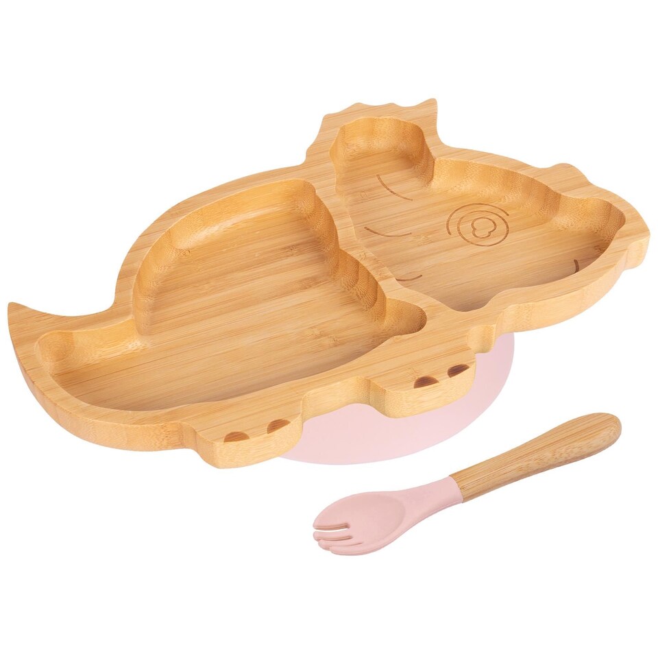 image 1 of Tiny Dining Bamboo Dinosaur Baby Weaning Plate & Fork Set - Pastel Pink