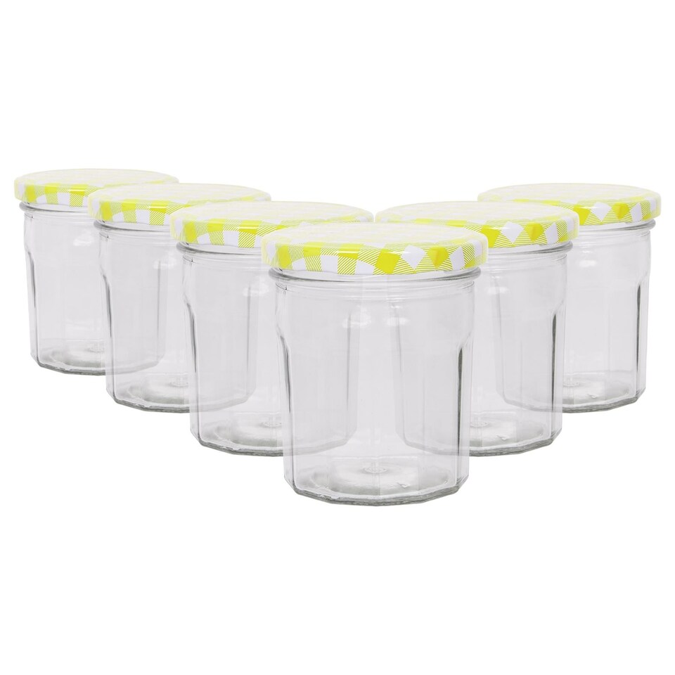 image 1 of Argon Tableware Glass Jam Jars with Yellow Gingham Lids - 250ml - Pack of 6
