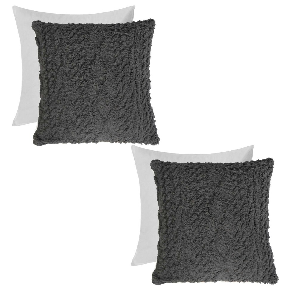 image 1 of OHS 2 x Cable Knit Sherpa Texture Filled Cushions, 45x45cm - Grey