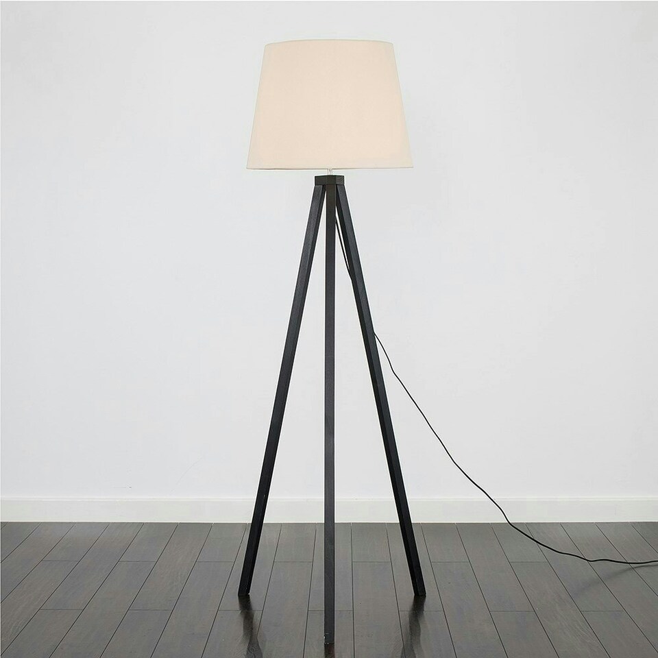 image 1 of ValueLights Modern Black Wood Tripod Floor Lamp With Beige Shade