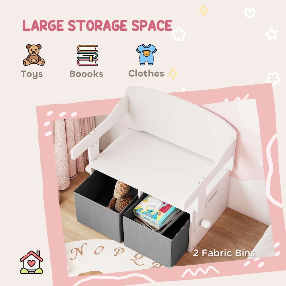 image 1 of AIYAPLAY 3 in 1 Kids Storage Bench, Toddler Table and Chair Set, White