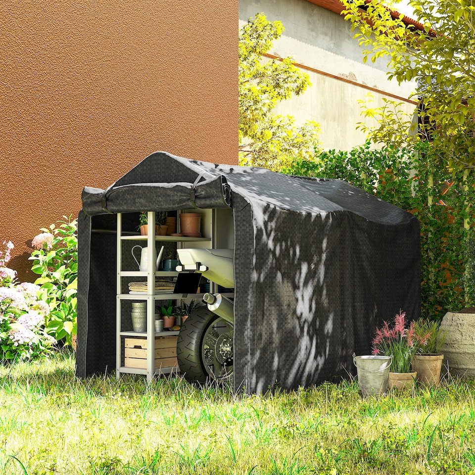 image 1 of Outsunny 2.2 x 1.6 m Garden Storage Tent, Waterproof AntiUV Bike Tent with Rollup Zipper Door, Galvanised Outdoor Storage Shelter Carport for Bike, Motorbike, Garden Tools, Black | Black | 1