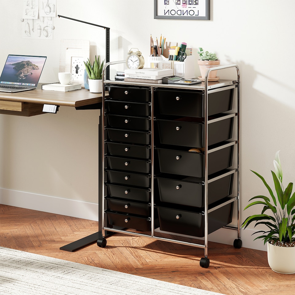 image 1 of COSTWAY 15 Drawer Rolling Storage Cart with Lockable Wheels Black
