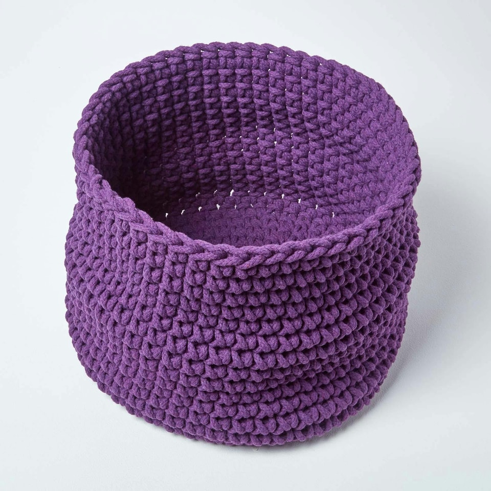 image 1 of Homescapes Deep Purple Cotton Knitted Round Storage Basket - 42 x 37 cm | Purple | Deep Purple