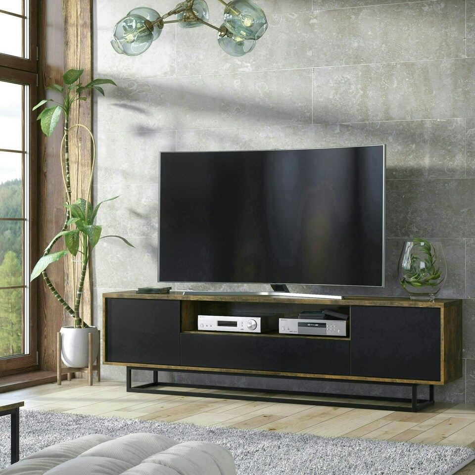 image 1 of TV Unit 200cm Rustic Industrial Oak with Black Doors and Metal Frame | Brown | Black | One Size | 1