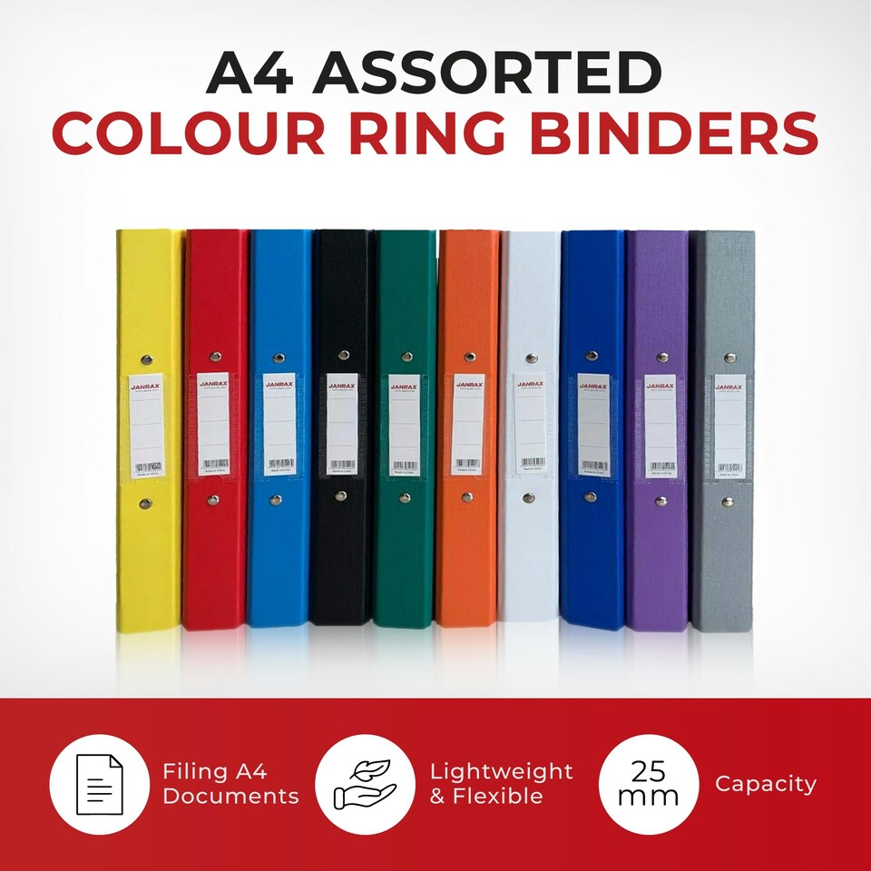 image 1 of Pack of 10 A4 Assorted Colour Paper Over Board Ring Binders by Janrax