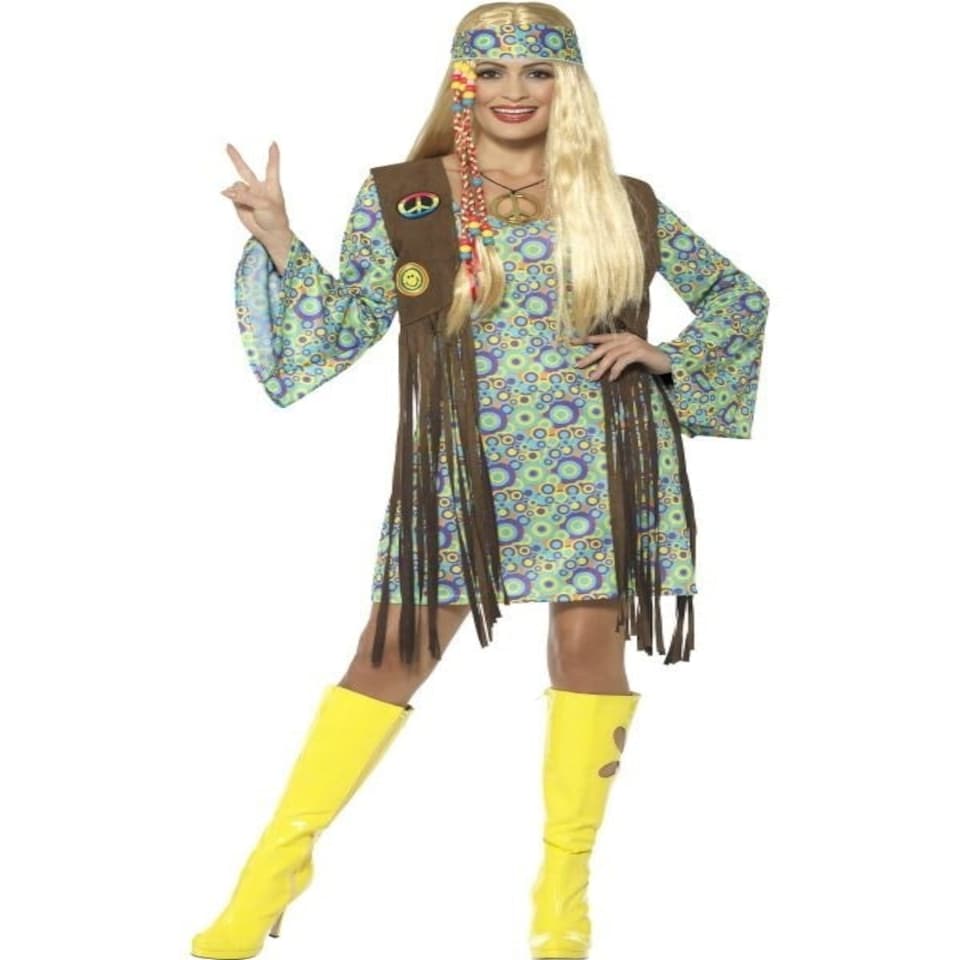 60s Hippie Chick Costume - with Dress - Multi-Colour - Multi-Coloured - Attached Waistcoat - Medallion & Headband - 43127L L