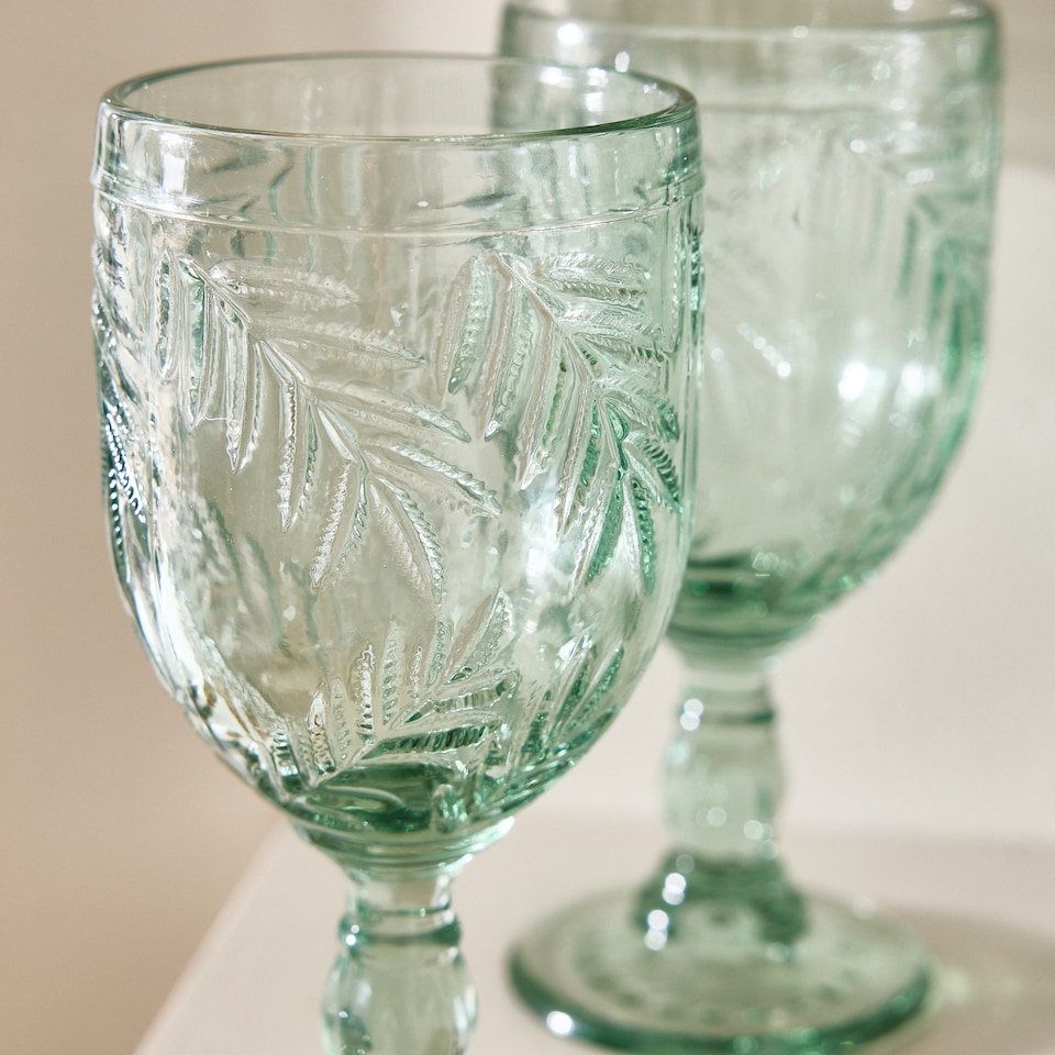 image 1 of Set of 4 Laurier Green Embossed Leaf Drinking Glass Spring Summer Wine Goblets 320ml