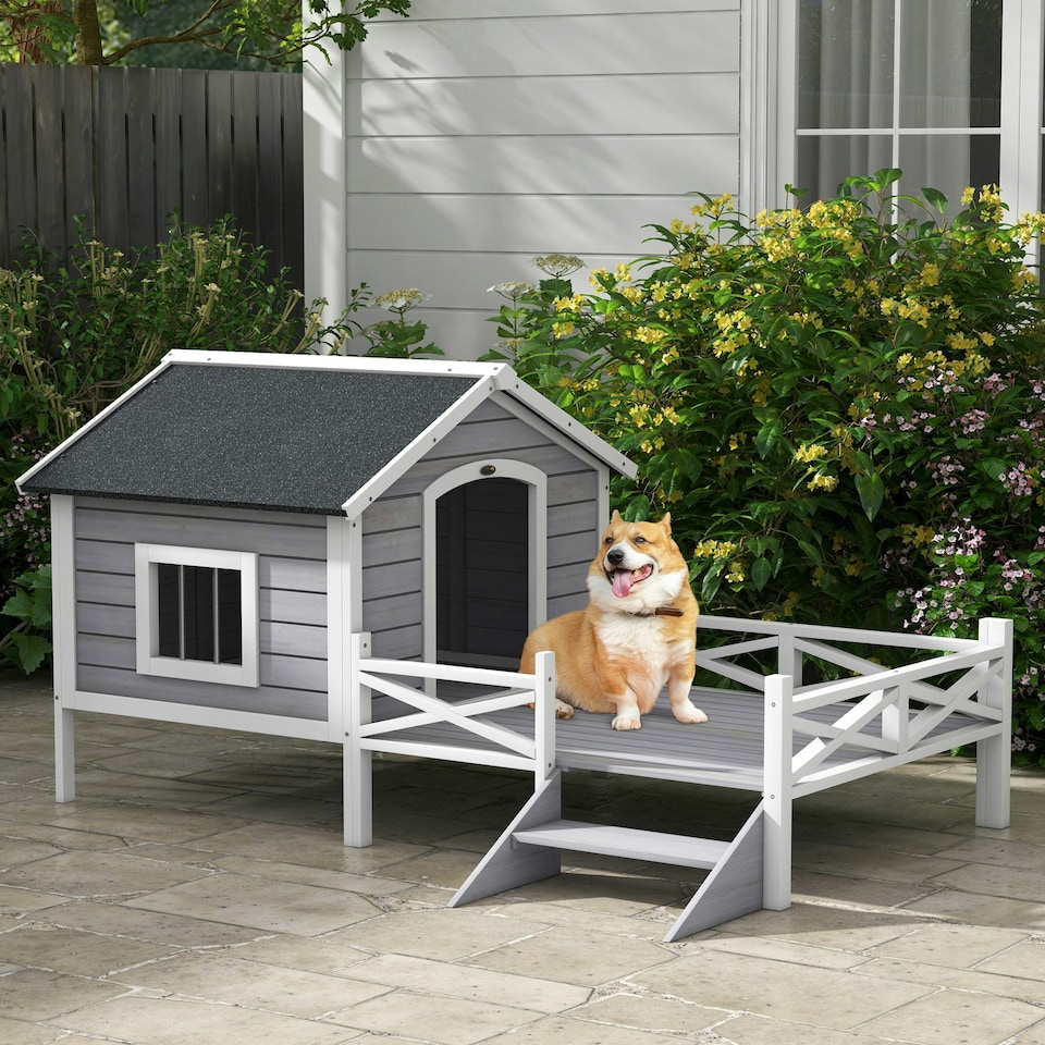 image 1 of PawHut Wooden Dog House w/ Porch, Water-resistant Roof, for S M Dogs, Grey 