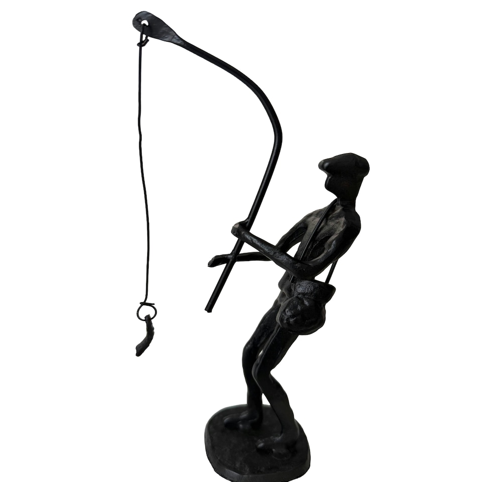 image 1 of Metal Sculpture off a Man with a Fishing Rod Reeling in his Catch Rustic Figurine Hobby Gift Sweet Memories Grandfather Father Son Vintage Decor Gift Present