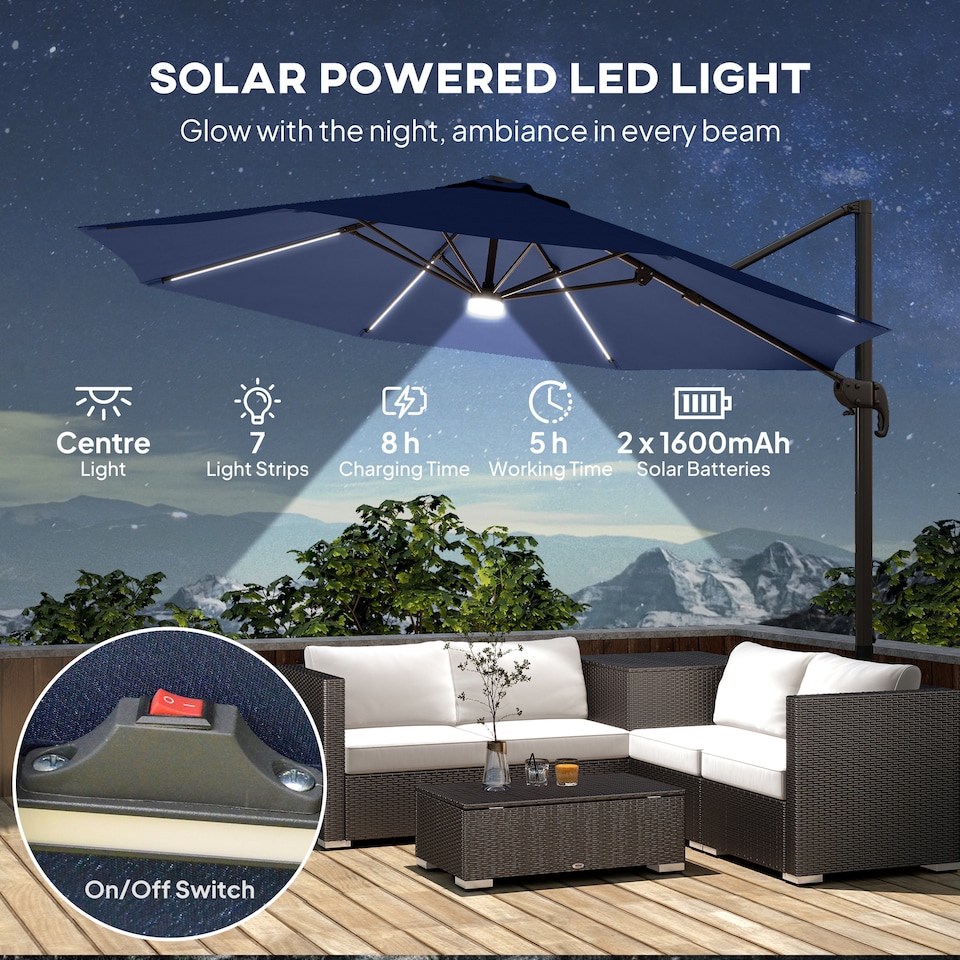 image 1 of Outsunny 3 m Cantilever Roma Parasol Garden Sun Umbrella Outdoor Patio with 360 Degree Rotation Crank and Tilt Aluminium Frame LED Solar Light Cross Base, Blue