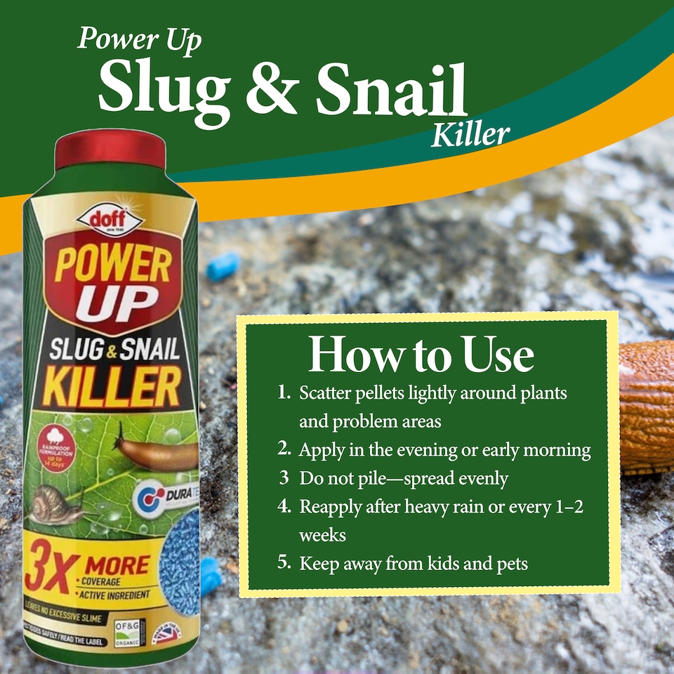 image 1 of Doff Power Up 500g Slug and Snail Killer 3 Times More Coverage Ferric Phosphate Formula Controls Slugs and Snails Easy to Use