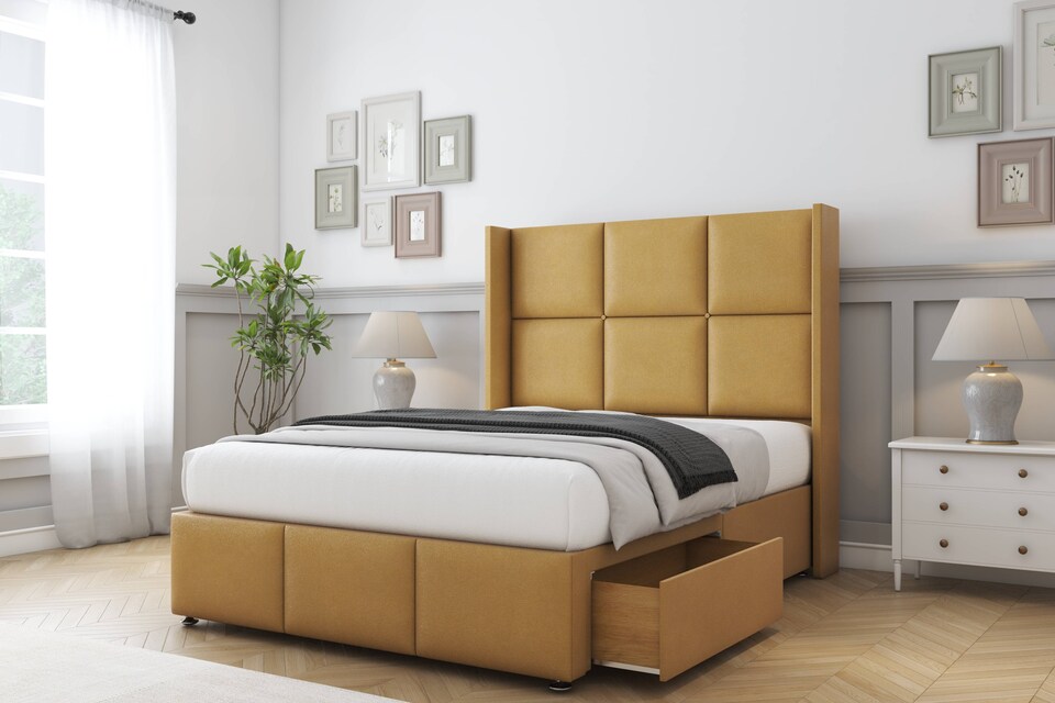 image 1 of Sloomy Beaumont Mustard Plush Divan Bed Base 2 Drawers Foot-End With 54 Inch Wingback Headboard & 12 Inch Matching Footboard | Gold | Mustard | Super King | 1