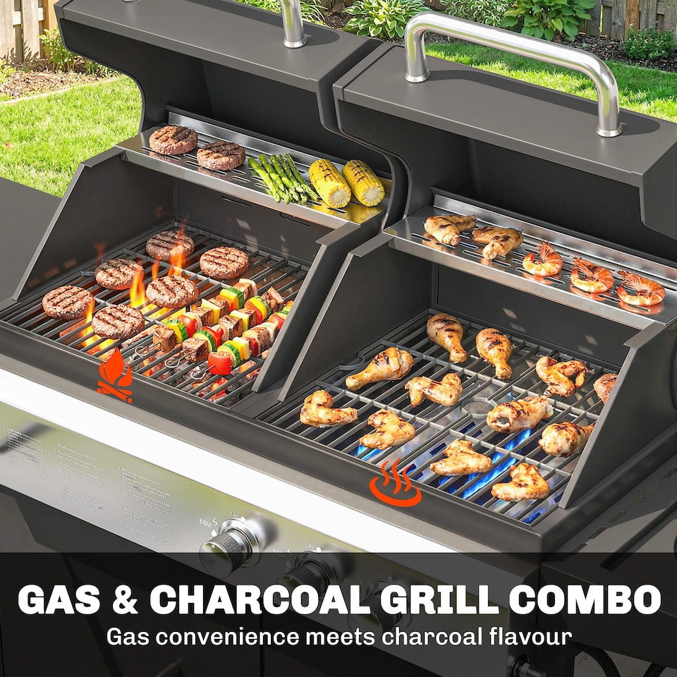 image 1 of Outsunny 3 Burner Hybrid Dual Fuel BBQ Gas Grill with Side Burner, Black | Black | Black | 148 x 60 x 110 cm