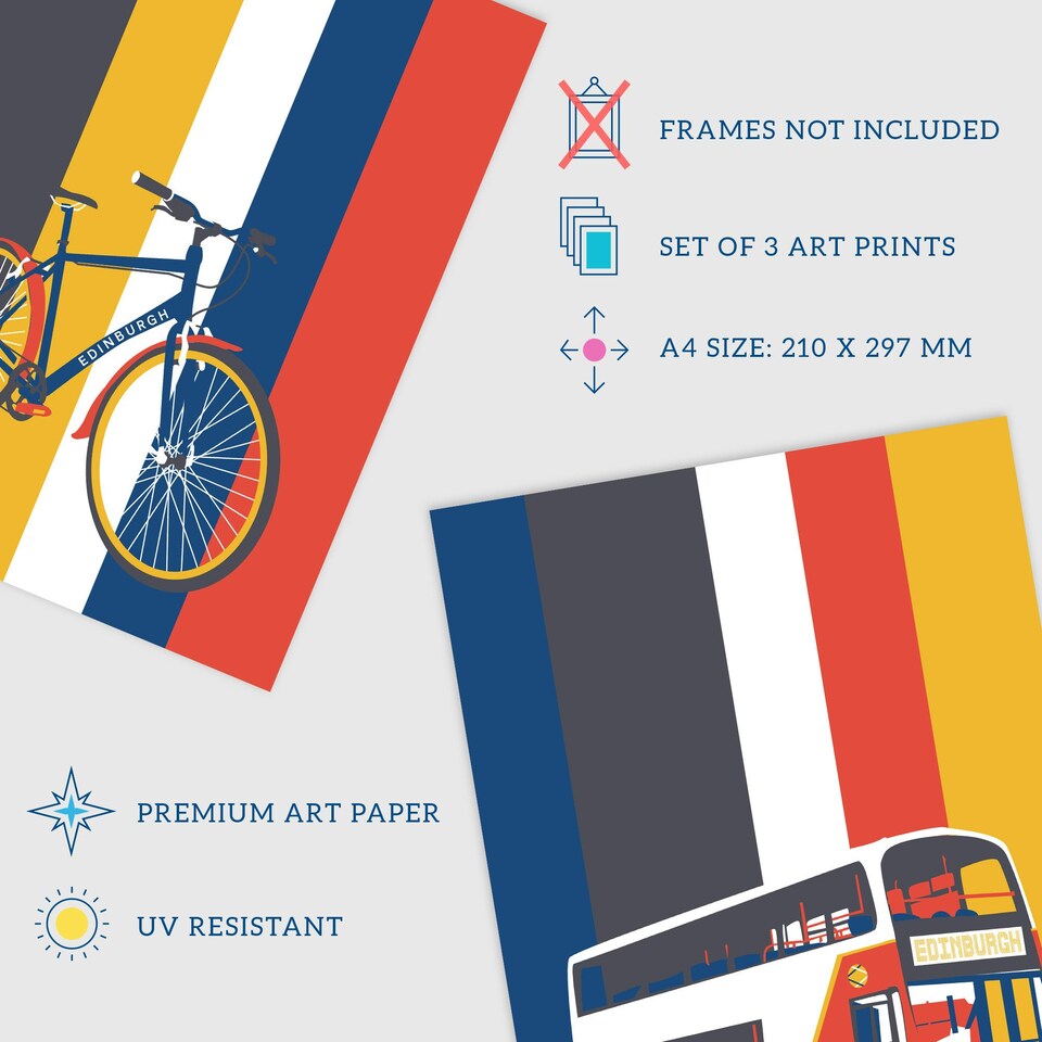 image 1 of Set of 3 Edinburgh Transport Bicycle Bus Taxi Car Black Cab Retro Wall Art Print A4