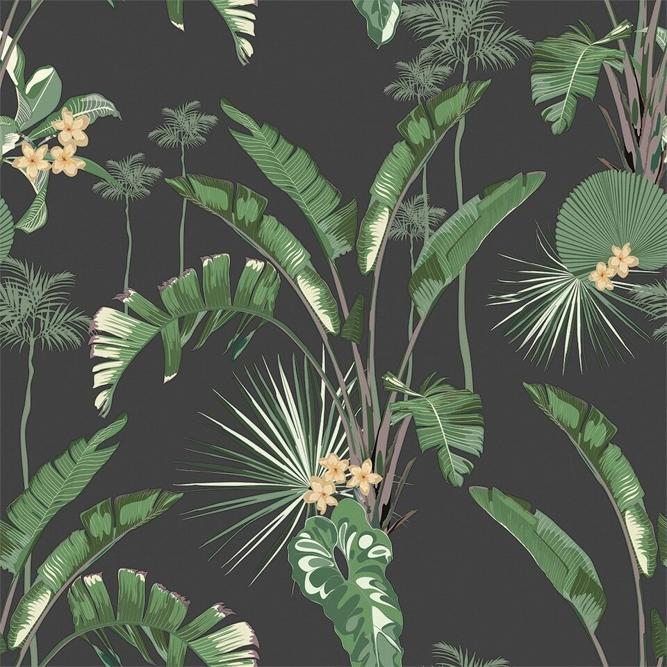 image 1 of Tropical Paradise Wallpaper in Green on Charcoal Multi