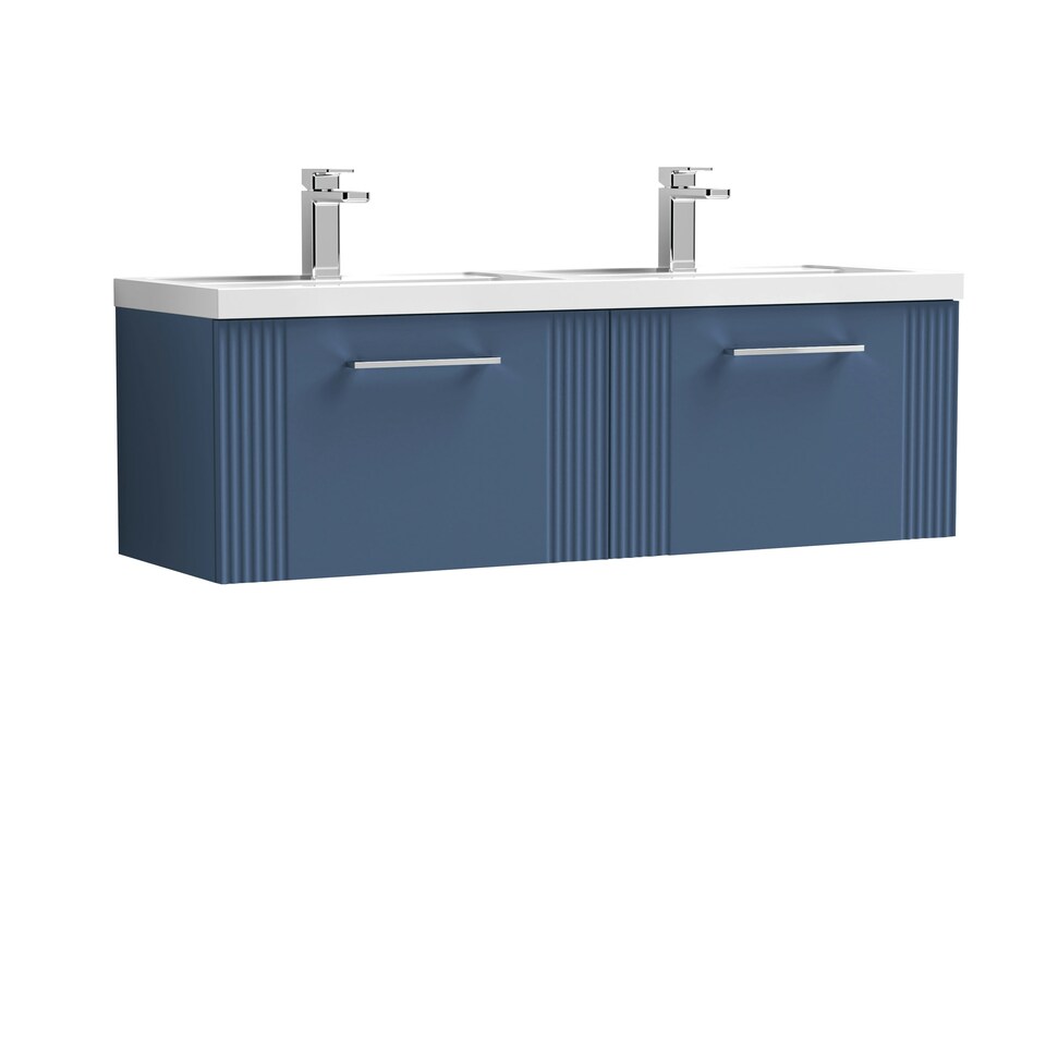 image 1 of Retro 2 Drawer Wall Hung Vanity Unit with Double Polymarble Basin - 1200mm - Satin Blue - Balterley Blue