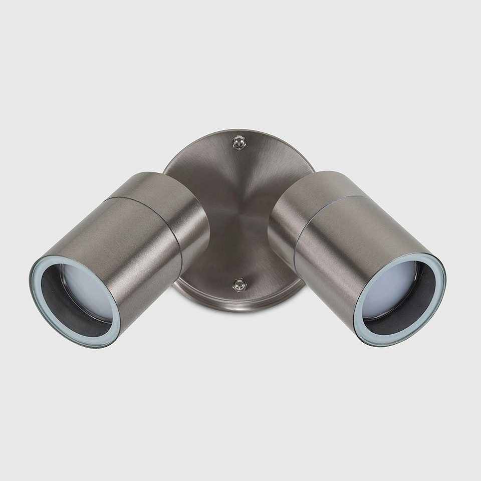 image 1 of ValueLights Silver Twin Spotlight Outdoor Garden IP44 Wired Wall Light