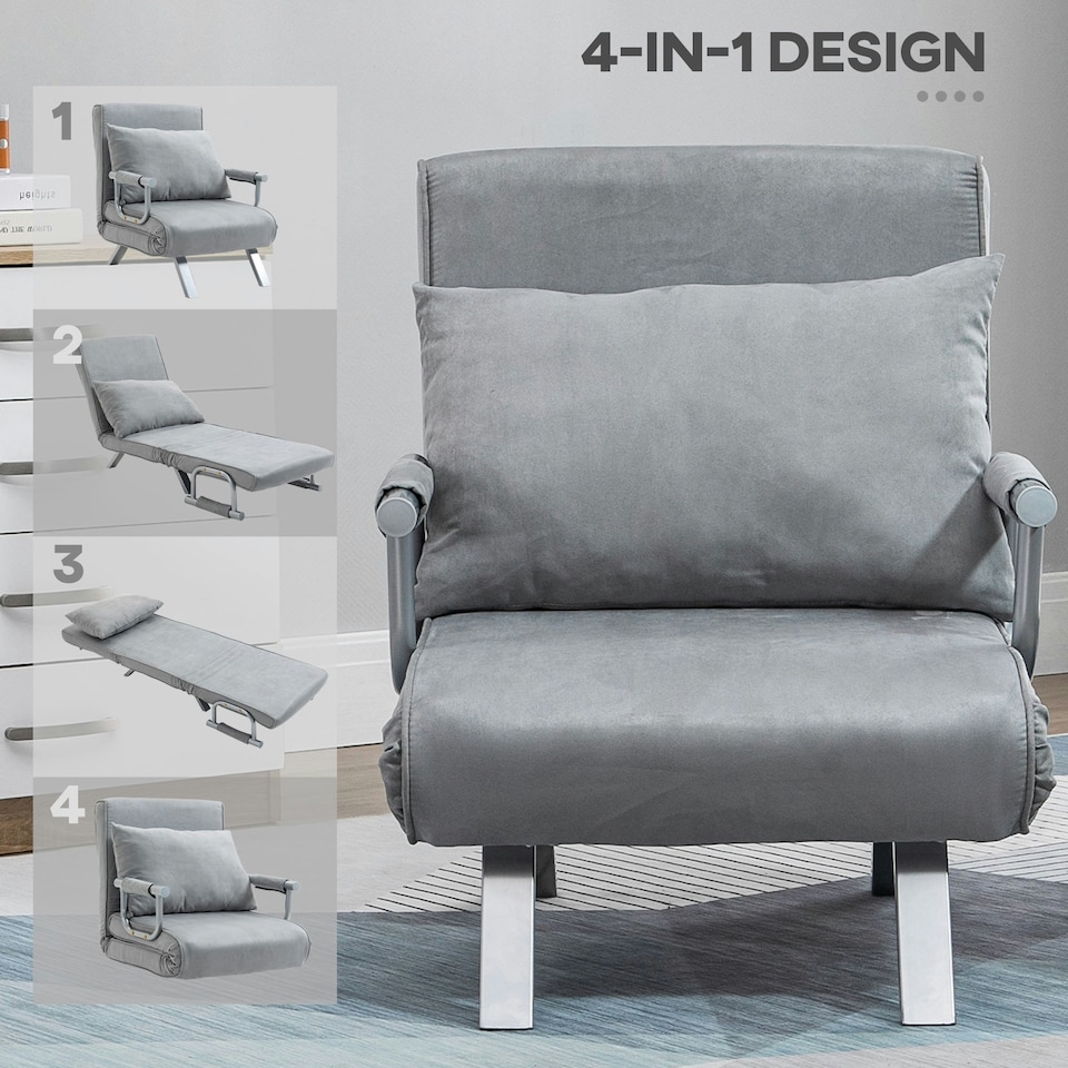 image 1 of HOMCOM Sofa Bed Foldable Portable Sleeper Lounge w/ Pillow Light Grey