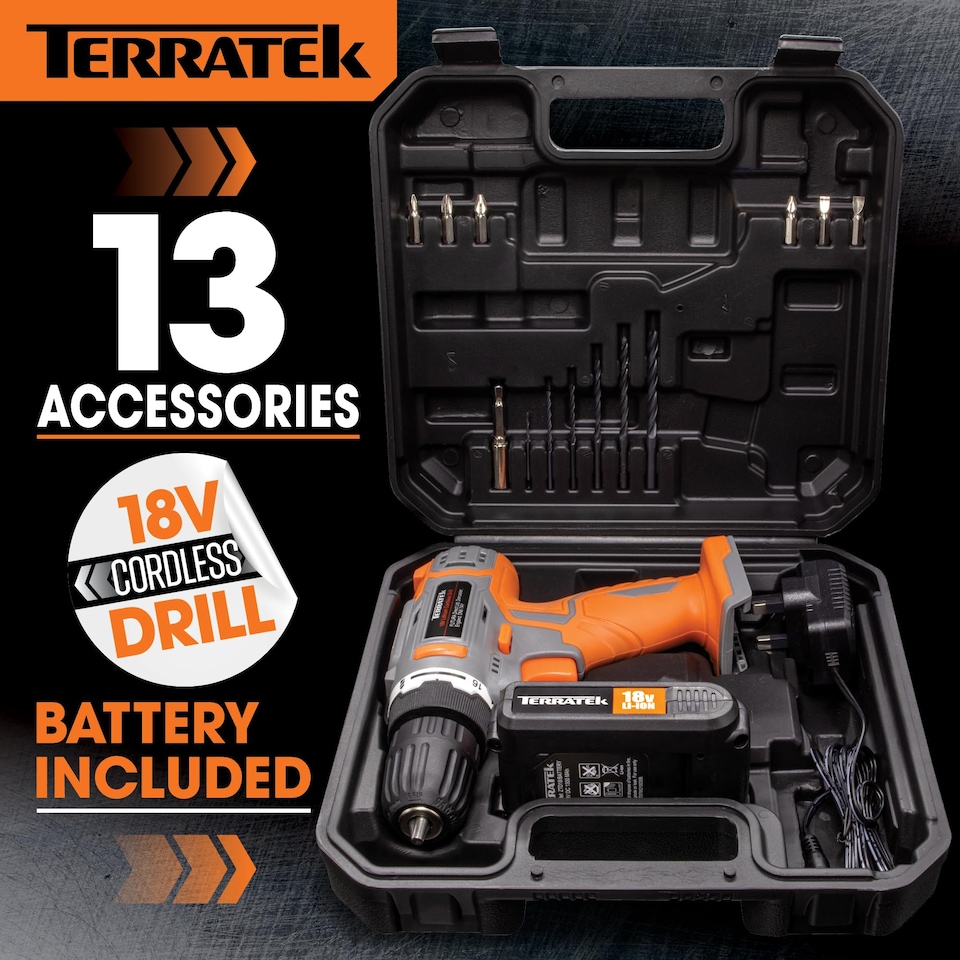 image 1 of Terratek 18V Cordless Power Drill Screwdriver Set & Drill Bit Battery & Case | Grey | Grey | 190.00 | 1
