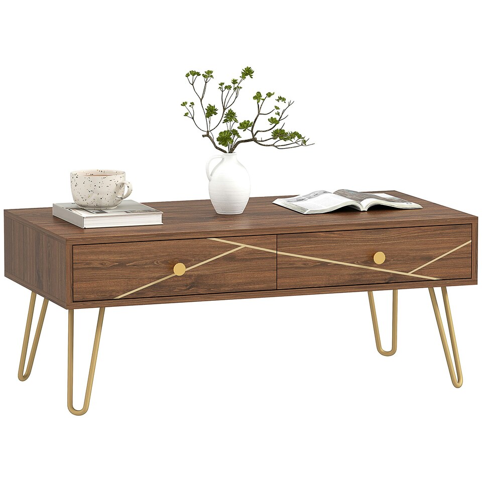 image 1 of HOMCOM Coffee Table with Drawers, Living Room Table with Steel Base Brown
