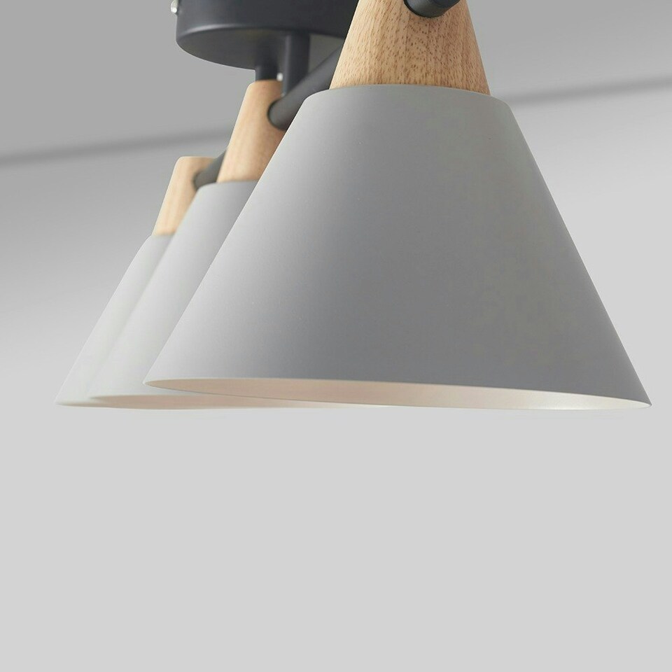 image 1 of ValueLights Scandi 3 Way Matte Black And Wood Ceiling Light Fitting With Grey Cone Shades