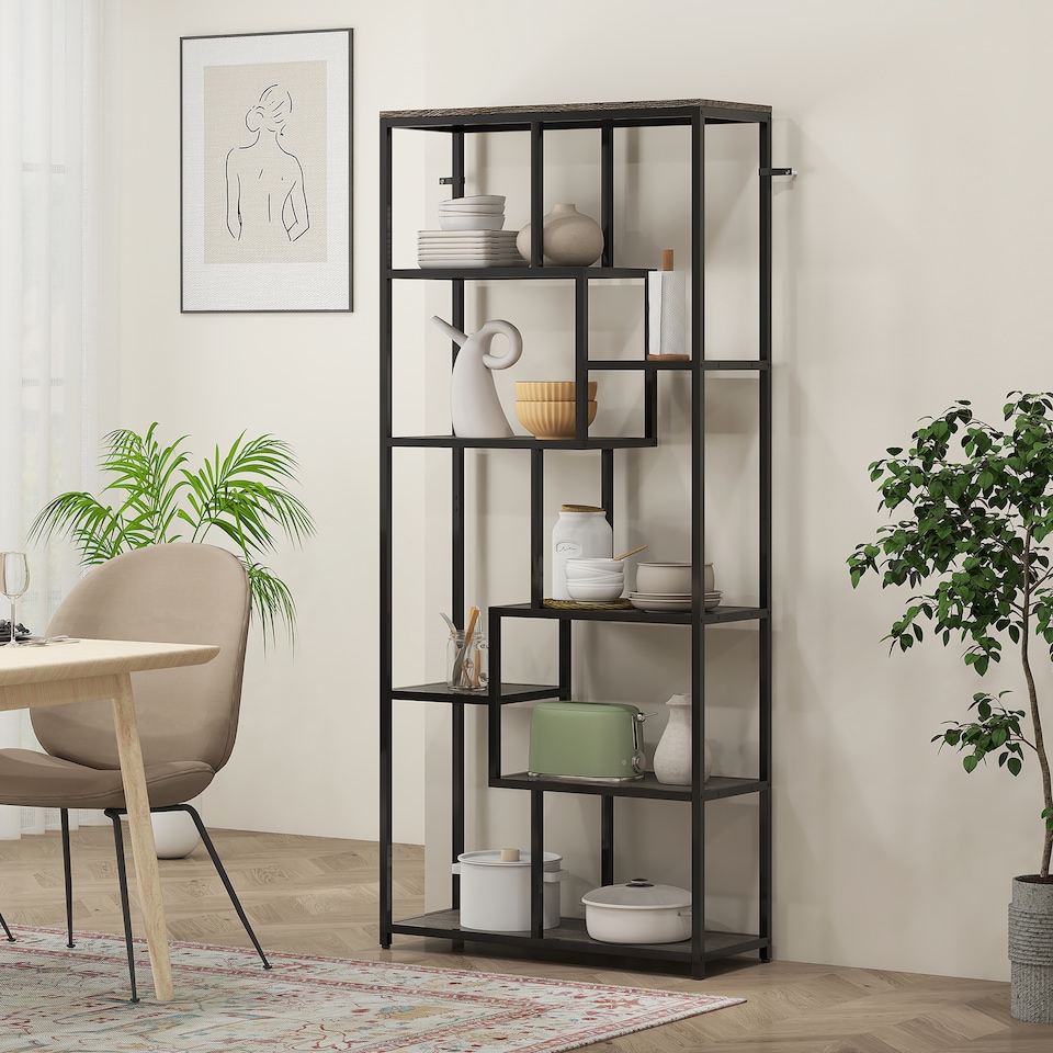 image 1 of HOMCOM 7-Tier Bookshelf, Geometric Bookcase, Industrial Floor Standing Book Shelf, Open Display Shelving Unit for Living Room, Home Office and Bedroom, Grey and Black | Black | Grey and Black