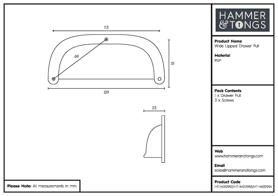 image 1 of Hammer & Tongs Wide Lipped Cabinet Drawer Pull - W130mm x H50mm - Black | Black | Black