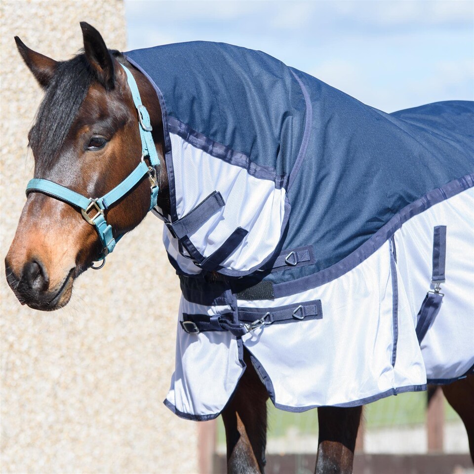 image 1 of eQuitack 600D 2 in 1 Waterproof Fly Turnout Mesh Horse Rug Fixed Neck Blue/White 6'0''