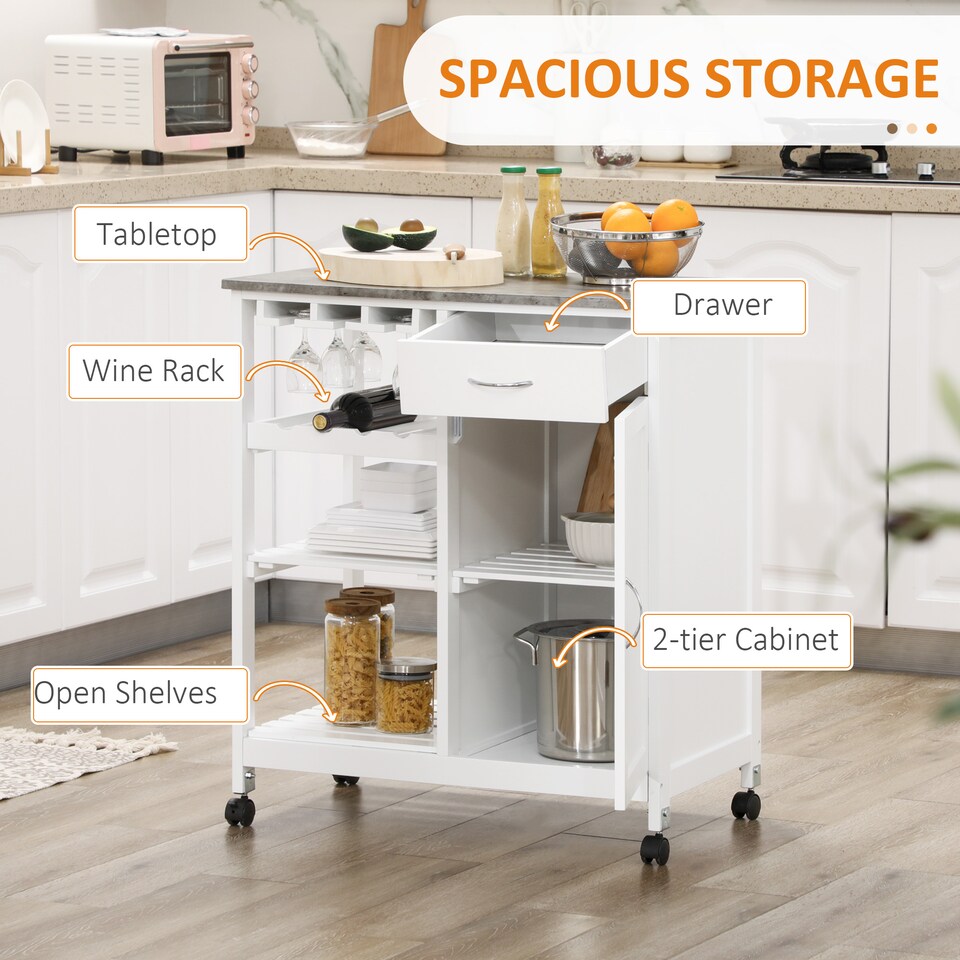image 1 of HOMCOM Compact Kitchen Trolley Utility Cart on Wheels with Wine Rack, Drawer, Open Shelf and Storage Cabinet for Dining Room, White