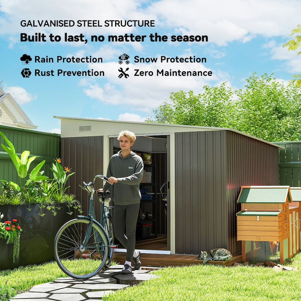 image 1 of Outsunny 11.3x9.2ft Steel Garden Storage Shed w/ Sliding Doors & 2 Vents, Grey