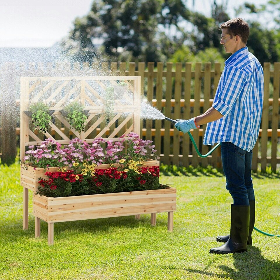 image 1 of COSTWAY Raised Garden Bed w/Trellis Elevated Planter Box Natural