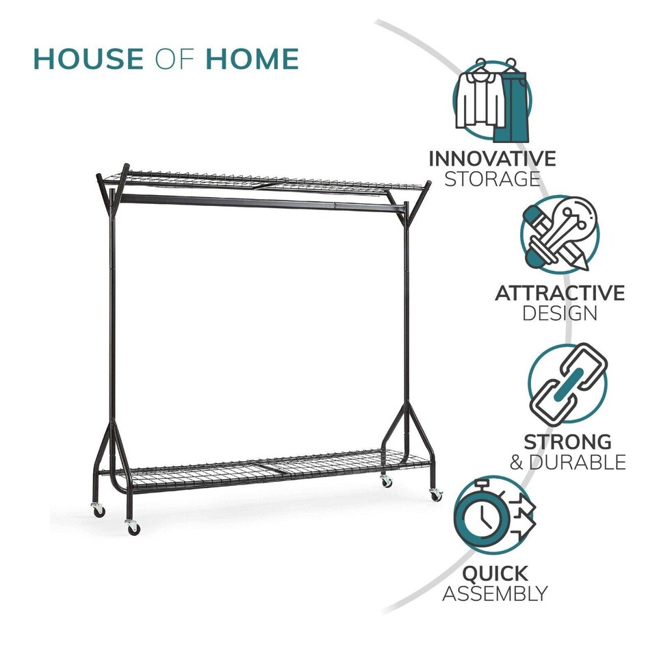 image 1 of House of Home Clothing Rail Heavy Duty Hanging Clothes Shoe Hat Rack Shelves With Wheels 5ft x 5ft | Black
