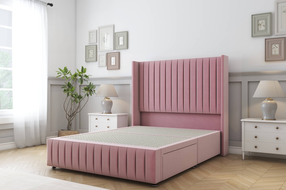 image 1 of Sloomy Marlborough Pink Plush Divan Bed Base No Drawers With 54 Inch Wingback Headboard & 12 Inch Matching Footboard | Pink | Pink | Small Single | 1