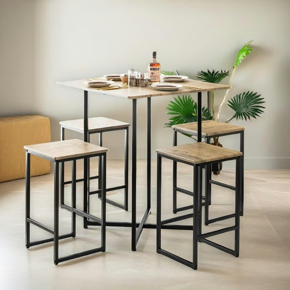 image 1 of 5-Piece Dining Table & Square Stool Set Kitchen Natural Brown Brown