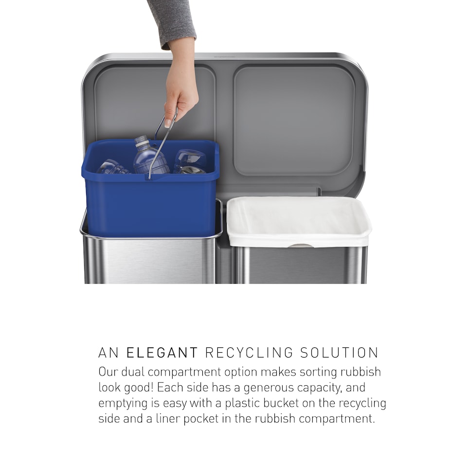 image 1 of Simplehuman 58L Recycling Rectangular Pedal Bin with Liner Pocket, Brushed Stainless Steel with Grey Plastic Lid