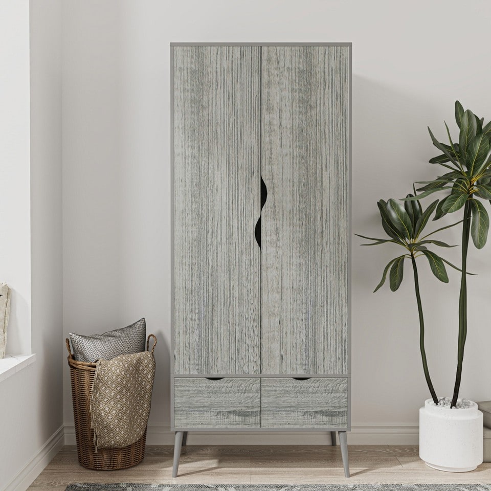 image 1 of Malmo 2 Door 2 Drawer Wardrobe with Scandi Legs Cupboard Hanging Rail 180cm | Multi | Grey Ash Grey | 1