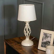 ValueLights Memphis Cream Twist Table Lamp with a Fabric Lampshade Bedside Light - Bulb Included