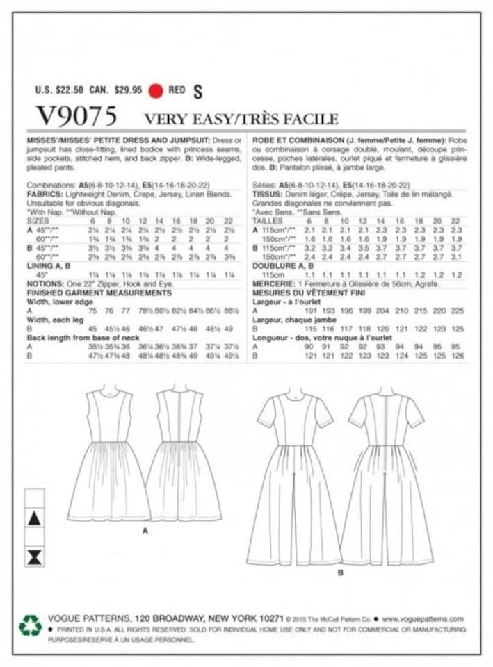 image 1 of Vogue 9075 Paper Sewing Pattern – Women’s Dresses & Jumpsuits, UK Sizes 14–16–18–20–22, Easy