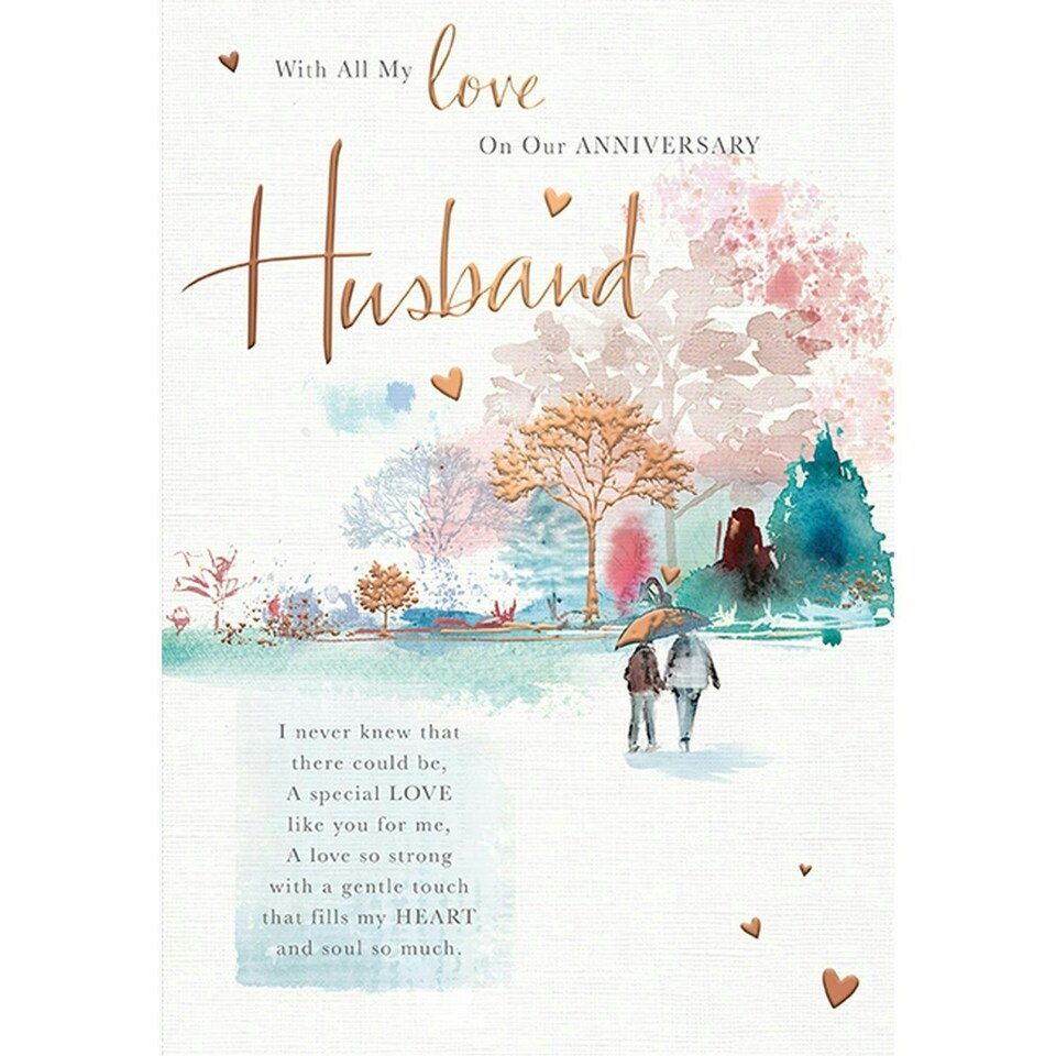 Words 'n' Wishes Husband Anniversary Card - Watercolour Woodland Walk Embossed with a Foil Finish - Eco-Friendly and Recyclable