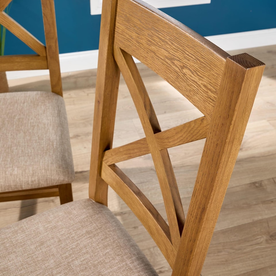 image 1 of Pair Of High Slatted Back Dining Chairs Wool Seat Solid Oak Legs Fully Assembled | Brown