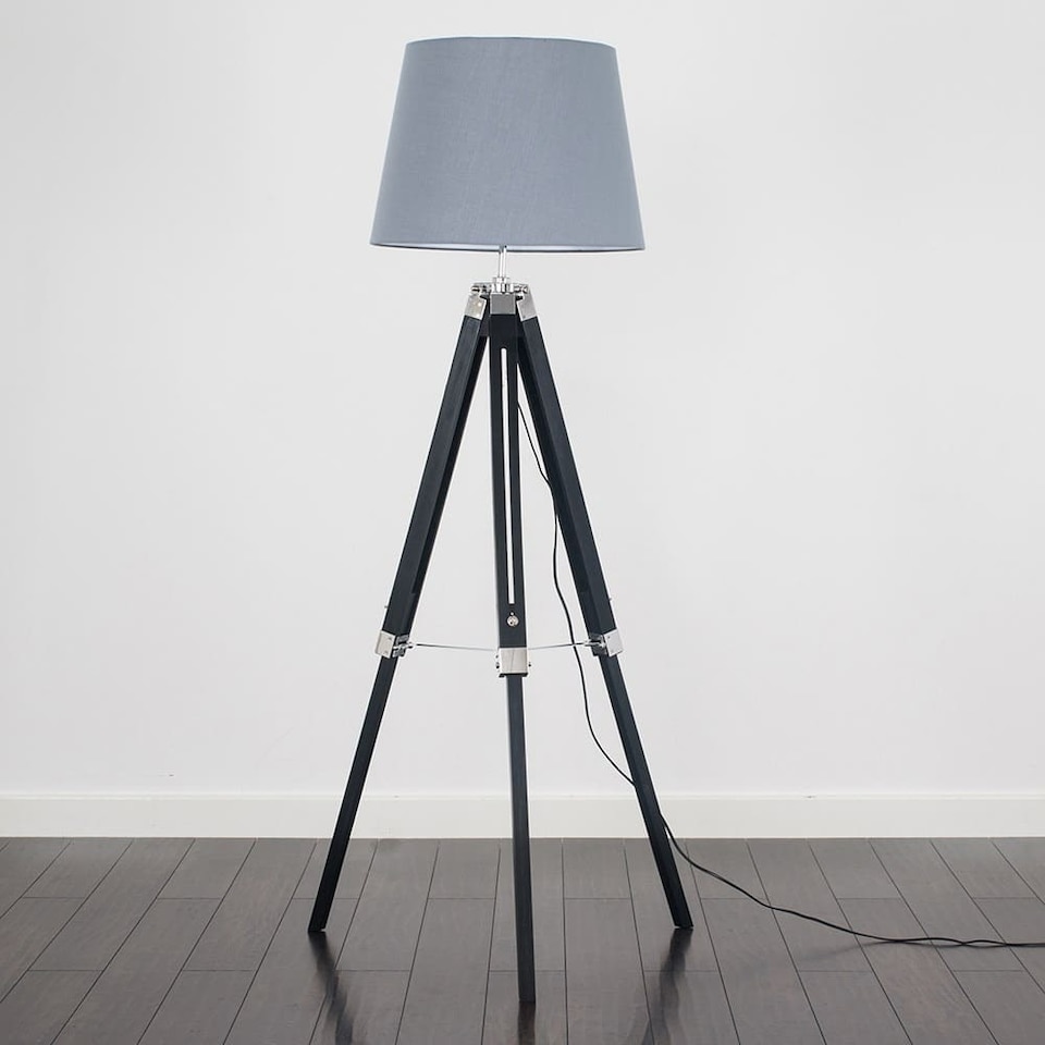 image 1 of ValueLights Clipper Black Tripod Floor Lamp Grey Taper Shade