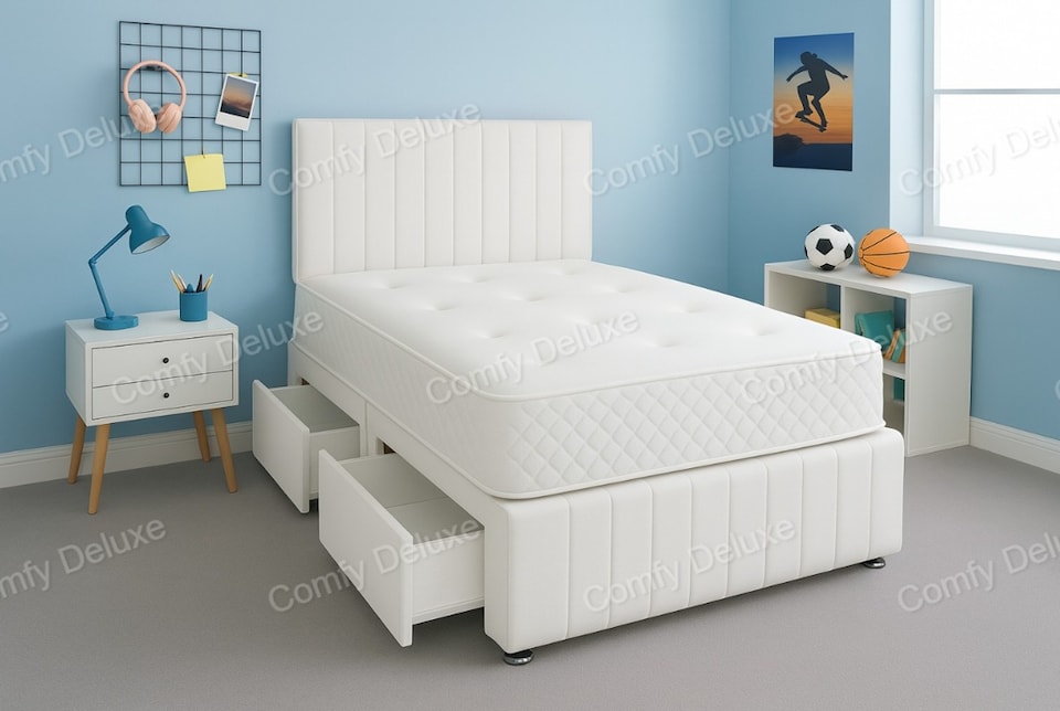 White Plush 4ft6 Double Divan Bed Set Headboard & Footboard - 2 Drawers Left Side Laying in Bed