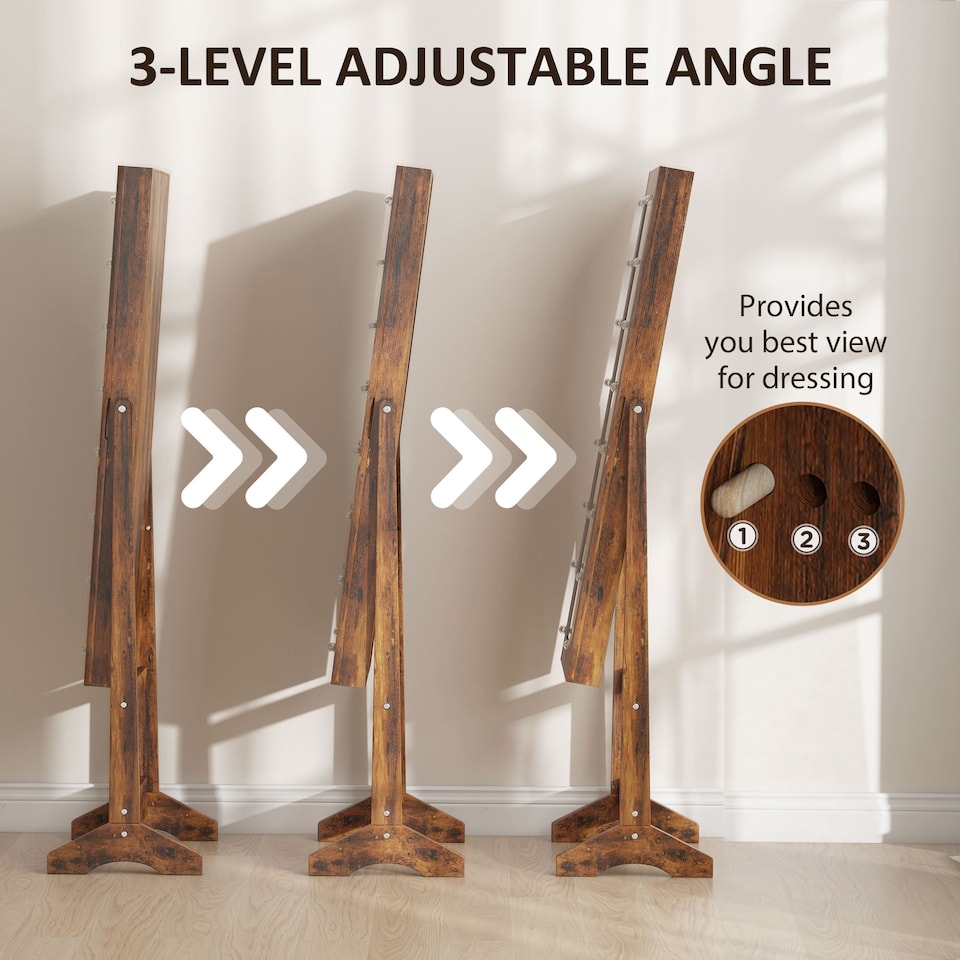 image 1 of HOMCOM Freestanding Mirror Jewelry Cabinet with LED Lights, Jewellery Organiser with 3 Angle Adjustable, Full-Length Mirror with Storage for Earrings, Necklaces, Rings and Lipsticks, Rustic Brown | Brown | Rustic Brown