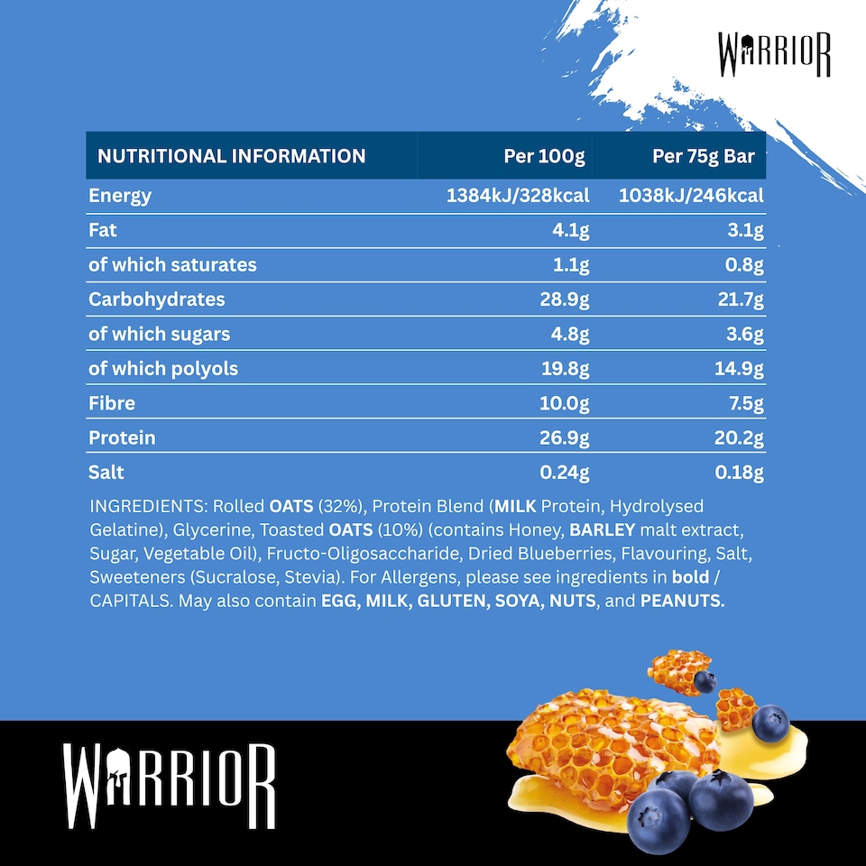 image 1 of Warrior RAW Protein Bars 12 x 75g – 20g High Protein Bar, Low Sugar High Fibre Oat Protein Flapjack – Protein Snacks, Meal Replacement Bars (Honey Berry)