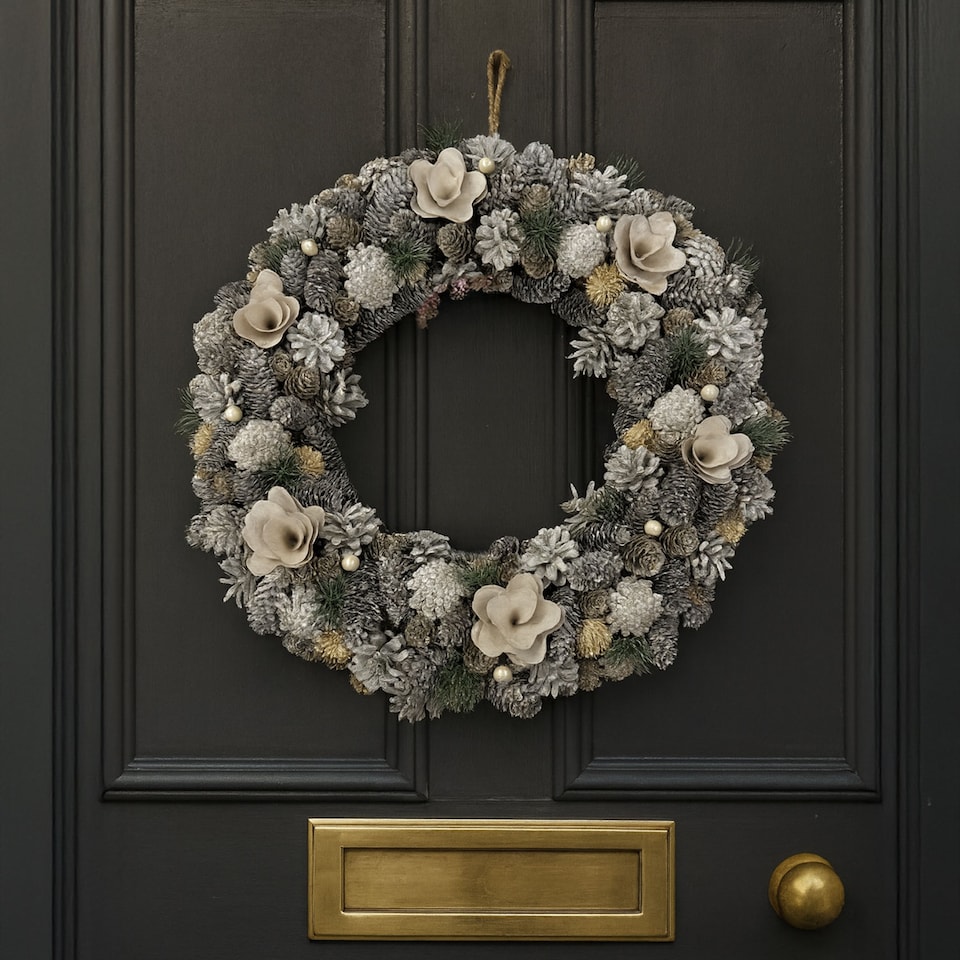 image 1 of eo Luxury Extra Large Frosted Pinecone Winter Wreath 50cm Home Artificial Christmas Festive Front Door Decoration | Grey | Frosted Grey