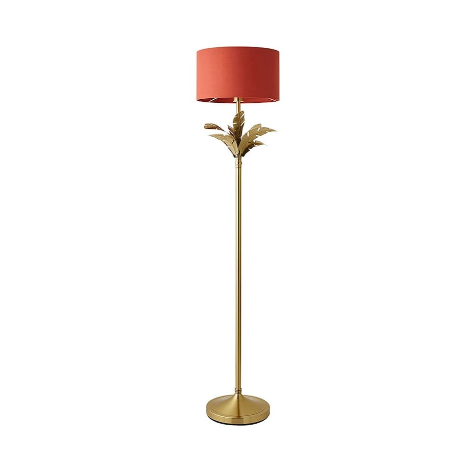 image 1 of ValueLights Christina Rust Red Drum Shade Gold Palm Leaf Single Stem Floor Lamp and Bulb Gold